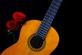 Spanish guitar and a pair of valentine red roses against black background Royalty Free Stock Photo