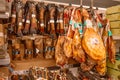 Spanish hamon in barcelona market, jamon iberico in view black leg pork isolated, traditional national spain meat in Royalty Free Stock Photo