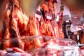 Spanish hamon in barcelona market, traditional national spain meat in store, serrano prosciutto food on background gastronomy Royalty Free Stock Photo