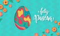 Spanish Happy Easter greeting card of egg paper cut, spring flowers pattern on floral background for Easter Hunt or Feliz Pascua h Royalty Free Stock Photo