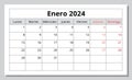 SPANISH January 2024 month calendar. Vector printable illustration. Monthly planning for business in Spain