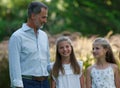 Spanish King Felipe and Princesses Leonor R and Sofia pose in Marivent palace gardens Royalty Free Stock Photo