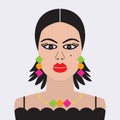 Spanish lady with black hair, red lips, and colorful funky earrings and necklace on light blue background