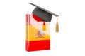 Spanish language textbook with graduation cap. Learn Spanish language, classes. 3D rendering