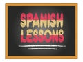 Spanish lessons chalk lettering on black chalkboard. Flag of Spain