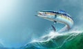 Spanish Mackerel big fish on the background of the waves realistic illustration. Royalty Free Stock Photo