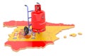 Spanish map with propane gas cylinder on hand truck. Gas Delivery Service in Spain, concept. 3D rendering