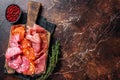 Spanish meat tapas - salami, jamon, choriso cured sausages. Dark background. Top view. Copy space Royalty Free Stock Photo