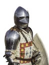 Spanish medieval knight with a helmet and a shield isolated on a white background Royalty Free Stock Photo