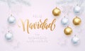 Spanish Merry Christmas Feliz Navidad golden decoration lettering white snowflake Royalty Free Stock Photo
