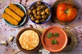 Spanish omelet, gazpacho, escargots, fish sticks Royalty Free Stock Photo