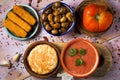 Spanish omelet, gazpacho, escargots, fish sticks