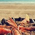 Spanish paella on the beach, with a retro effect Royalty Free Stock Photo