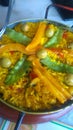 Spanish paella prepared in the street restaurant