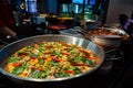 Spanish paella prepared in the street restaurant, close up