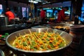 Spanish paella prepared in the street restaurant, close up