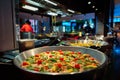 Spanish paella prepared in the street restaurant, close up