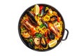 Spanish paella with saffron-infused rice, mixed seafood (shrimp, mussels, clams), chicken, chorizo, and