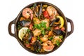 Spanish paella with saffron-infused rice, mixed seafood (shrimp, mussels, clams), chicken, chorizo, and