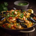 Close-up of Spanish Paella with Seafood and Saffron Royalty Free Stock Photo