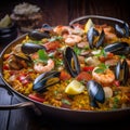 Close-up of Spanish Paella with Seafood and Saffron Royalty Free Stock Photo