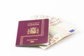 Spanish passport with european union currency banknotes Royalty Free Stock Photo