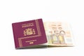 Spanish passport with european union currency banknotes Royalty Free Stock Photo