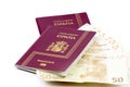 Spanish passport with european union currency banknotes Royalty Free Stock Photo