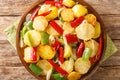 Spanish Patatas a lo Pobre Poor Man`s Potatoes close up in the plate. Horizontal top view Royalty Free Stock Photo