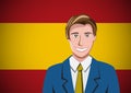 Spanish people, ahead of the flag. Portrait of manager in flat design. Vector cartoon
