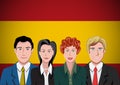 Spanish people, ahead of the flag. Portrait of teamwork in flat design. Vector cartoon