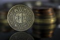 1944 Spanish Peseta Coin Stacks Close Up Reflection Macro Royalty Free Stock Photo