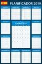 Spanish Planner blank for 2019. Scheduler, agenda or diary template. Week starts on Monday