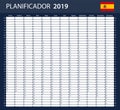 Spanish Planner blank for 2019. Scheduler, agenda or diary template. Week starts on Monday