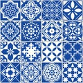 Spanish or Portuguese vector tile pattern, Lisbon floral mosaic, Mediterranean seamless navy blue ornament