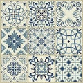 Spanish or Portuguese vector tile pattern, Lisbon floral mosaic, Mediterranean seamless navy blue ornament.Ornamental tile Royalty Free Stock Photo