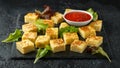 Spanish Potato Frittata tapas with tomato sauce on stone board Royalty Free Stock Photo