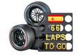 Spanish racing, pit board with flag of Spain and racing wheels with different compounds type tyres. 3D rendering Royalty Free Stock Photo