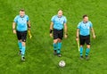 Spanish referees Antonio Mateu Lahoz, Pau Cebrian, Roberto Diaz during EURO 2020 match Belgium vs Russia 3-0