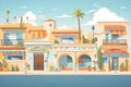 spanish revival architecture in a suburban residential area, magazine style illustration