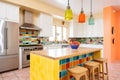 spanish revival kitchen with colorful tiles