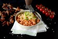 Spanish rice with grated cheddar cheese and spring onions Royalty Free Stock Photo