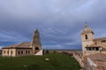 Spanish romanesque church in a stormy day with cloudy and dramatic sky , palencia, spain Royalty Free Stock Photo