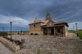 Spanish romanesque pilgrims hospital in a stormy day with cloudy and dramatic sky , palencia, spain Royalty Free Stock Photo