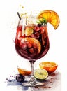 Spanish sangria in a glass. Red wine with lemons and oranges