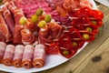 Spanish sausage sliced - chorizo, fuet, jamon, salami, bacon