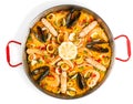 Spanish seafood paella, view from above