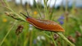 A spanish slug crawling on the stem of a green plant. Generative AI. Royalty Free Stock Photo