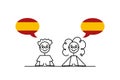 spanish speakers, cartoon boy and girl with speech bubbles in Spain flag colors, learning spanish language vector Royalty Free Stock Photo