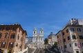 Spanish Steps and a boat-shaped fountain on Piazza di Spagna in Rome, Italy. Early morning panoramic shot after rain. Royalty Free Stock Photo